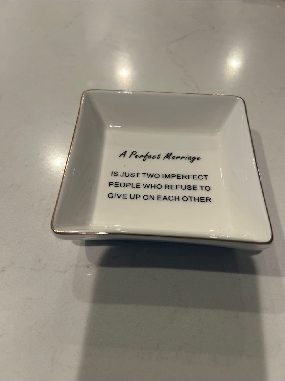 Perfect Marriage White Ceramic Trinket Dish with Gold Rim - Sentiment Quote
